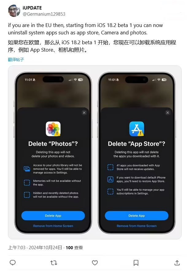 九江苹果手机维修分享iOS 18.2 支持删除 App Store 应用商店 